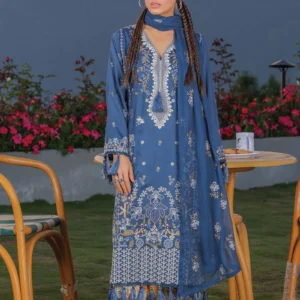 Woman wearing Slate Blue 3-piece embroidered lawn suit by AL Hassan Lehnga House