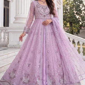 Lilac sheer net front open maxi with zari work and jewelry handwork by AL Hassan Lehnga House.