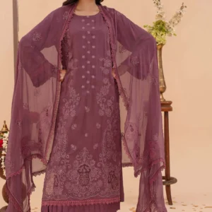 Woman wearing Mauve Zinnia Viscose 3-piece suit by AL Hassan Lehnga House