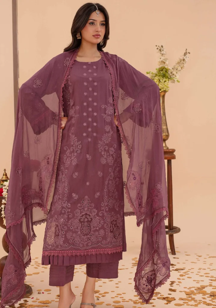Mauve Zinnia Viscose Suit with Chiffon Dupatta | ZARA MEER