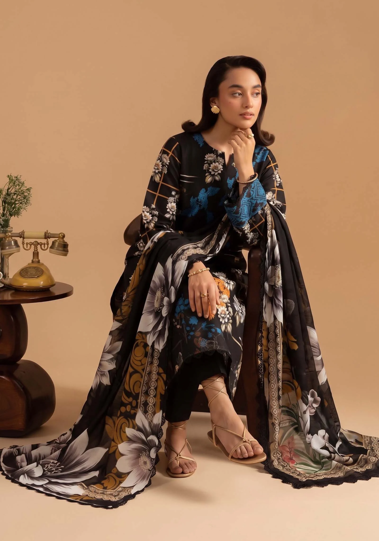 Nageen Black Floral 3pc Suit | AALAYA - Image 6