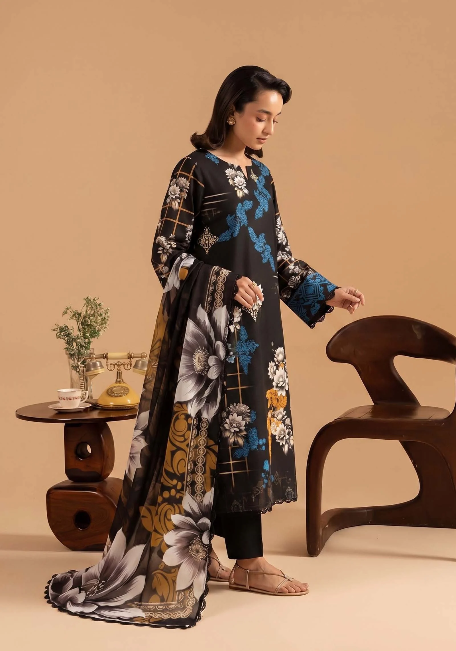 Nageen Black Floral 3pc Suit | AALAYA - Image 4