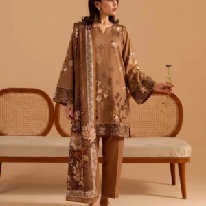 Front view of Meeras brown 3 piece suit with floral print AL Hassan Lehnga House