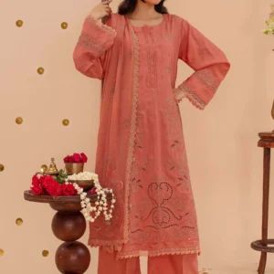 Peach embroidered viscose 3 piece suit with wide leg trousers by AL Hassan Lehnga House