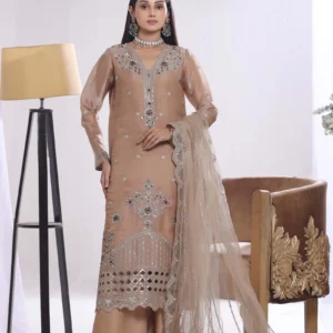 Woman wearing a sand colored sheesha silk formal suit with palazzo pants by AL Hassan Lehnga House