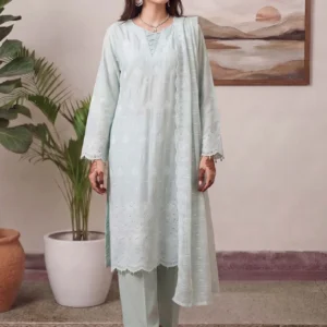 Full front view of Meher Mint embroidered Schiffli viscose 3-piece suit by AL Hassan Lehnga House