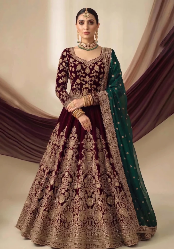 Mehtab Maroon Velvet Gown Set | AL Hassan Lehnga House