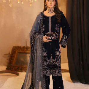 Full view of navy blue velvet suit with handwork by AL Hassan Lehnga House