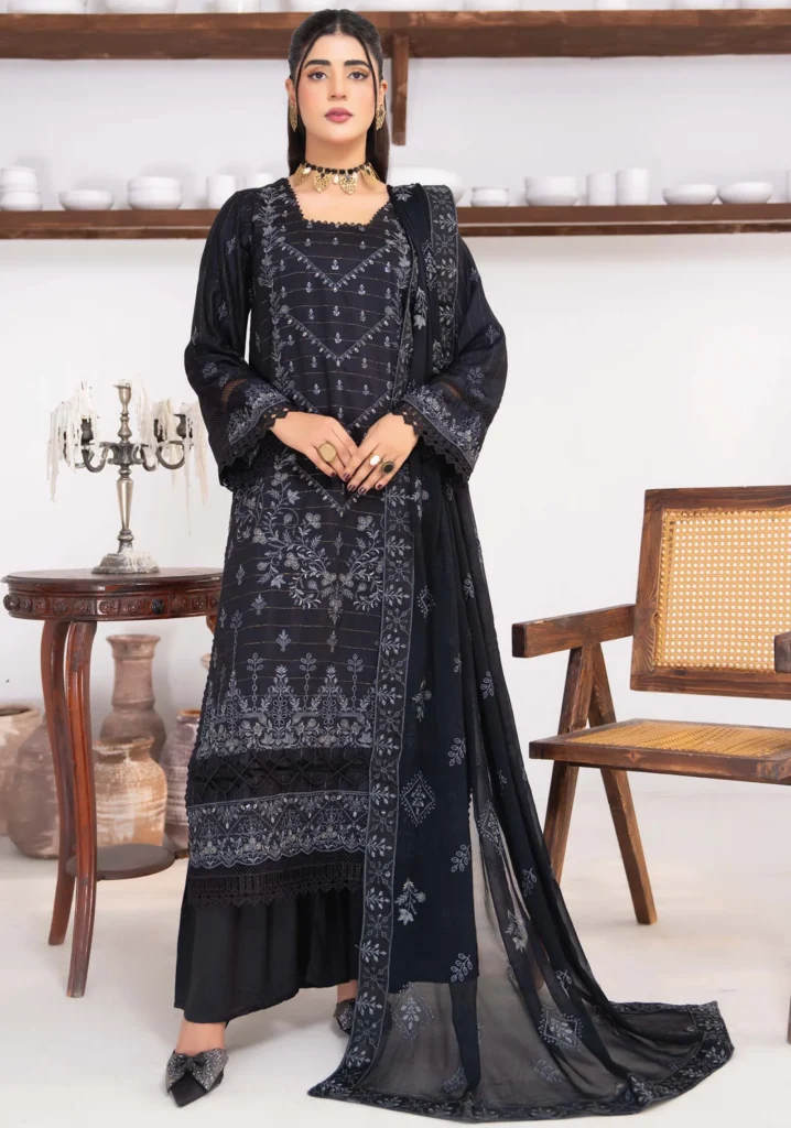 Midnight Noir Embroidered Viscose 3Pc Set | AALAYA