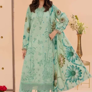 Front view of a woman wearing a mint green embroidered Karandi shirt with digital printed dupatta by AL Hassan Lehnga House