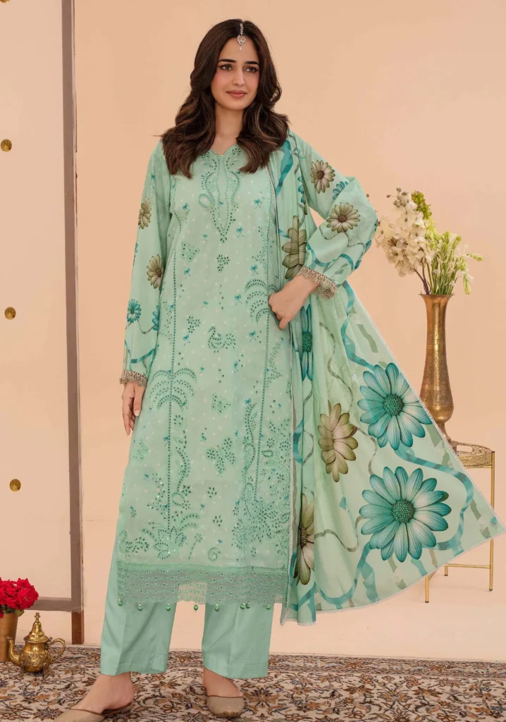 Mint Butterfly Karandi 3pc Fancy Suit | ZARA MEER