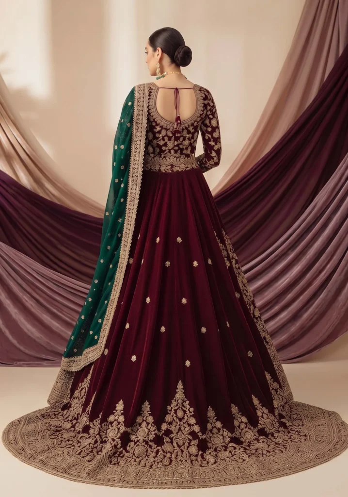 Mehtab Maroon Velvet Gown Set | AL Hassan Lehnga House