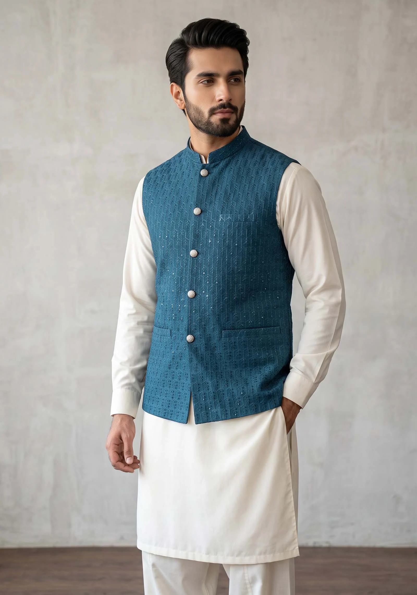 Nadir Teal Jamawar Waistcoat with machine embroidery and metallic buttons AL Hassan Lehnga House