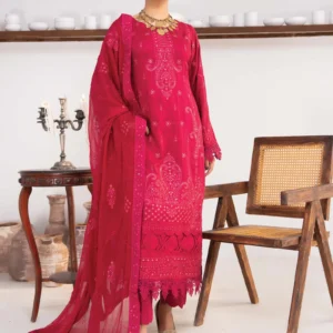 Full view of magenta embroidered viscose 3-piece suit with crinkle dupatta by AL Hassan Lehnga House
