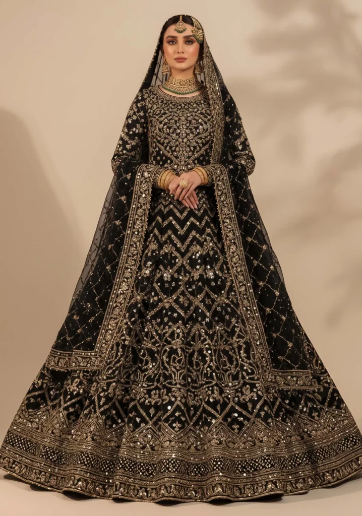 Nigar Black Heavy Net Lehenga | AL Hassan Lehnga House