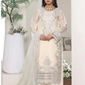 Woman wearing Noor Cream Lawa Silk 3-piece formal suit with silver detailing