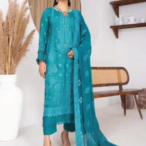 Front view of Noor-e-Firoza teal embroidered viscose 3pc suit