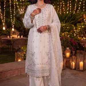 Full view of Noor-e-Haram white shesha silk suit by AL Hassan Lehnga House