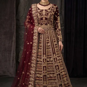 Maroon velvet shirt with jewellery material work by AL Hassan Lehnga House