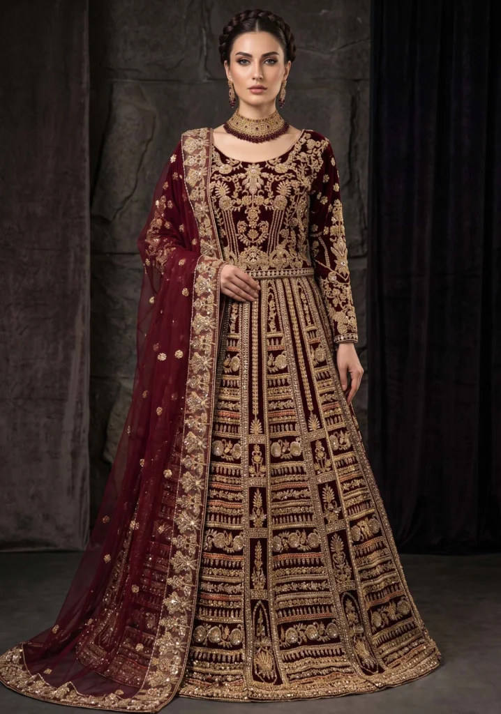 Noor-e-Maroon Velvet & Silk Set | AL Hassan Lehnga House