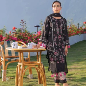 Woman wearing Noor-e-Sahar black embroidered lawn 3-piece suit