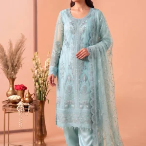 Full view of ice blue fancy net a-line suit with tassels by AL Hassan Lehnga House