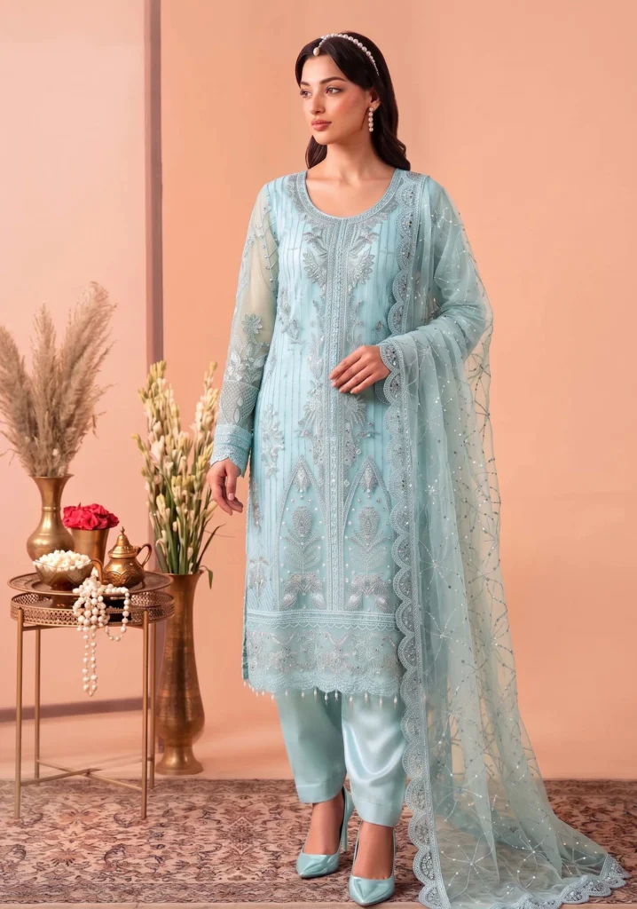 Noor-e-Sahar Blue Net Suit | Mahé Rooh