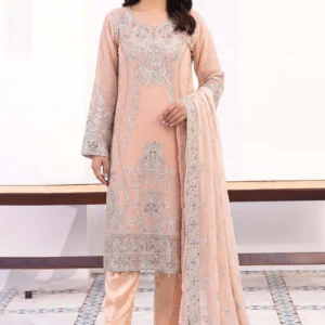 Peach crinkle A-line shirt with silver sequin handwork by AL Hassan Lehnga House