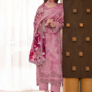 Front view of Noor Pink Karandi 3pc suit with digital print and embroidery by AL Hassan Lehnga House