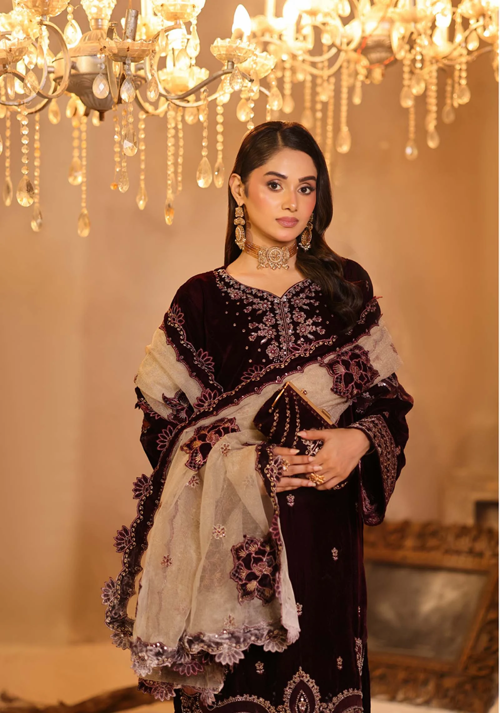 Dastaan Maroon Velvet Handwork Suit | Dr.Haris - Image 4