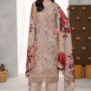 Front view of Rosette Karandi 3pc suit featuring digital print and embroidered shirt by AL Hassan Lehnga House