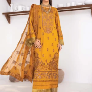 Front view of a saffron gold viscose 3-piece suit with zari embroidery and tassels by AL Hassan Lehnga House