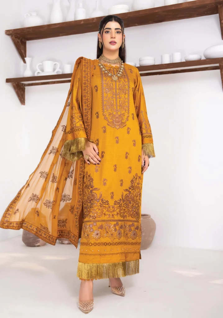 Saffron Gold Viscose 3Pc Embroidered Set | AALAYA
