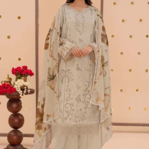 Front view of model wearing a beige 3pc digital printed Karandi embroidered suit