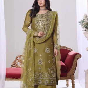 Model wearing Seher olive green sheesha silk 3 piece suit by AL Hassan Lehnga House