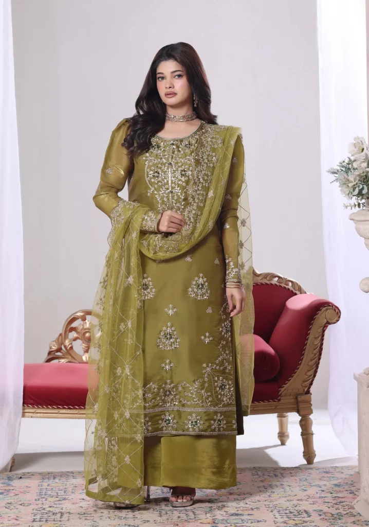 Seher Olive Sheesha Silk 3pc | Motis Fashion