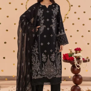 Full view of Shahana black embroidered viscose suit by AL Hassan Lehnga House with chiffon dupatta