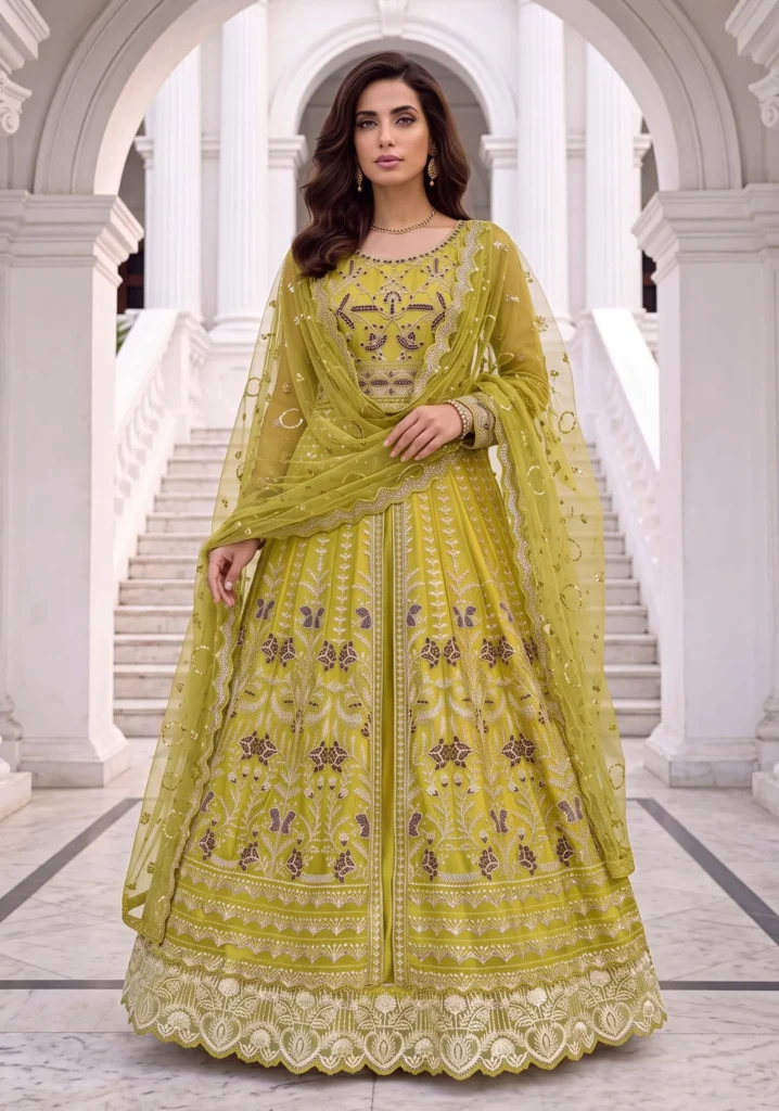 Shehnai Olive Net Maxi | Moti’s Fashion