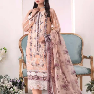 Woman wearing Sheza Peach Organza 3pc formal suit by AL Hassan Lehnga House