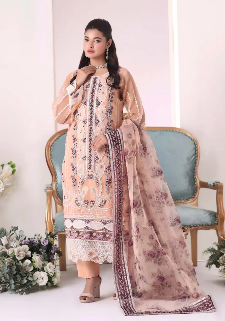 Sheza Peach Organza Floral 3pc Formal Suit | Motis Fashion
