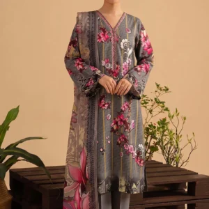 Woman wearing a charcoal grey suit with pink floral prints and embroidered neckline by AL Hassan Lehnga House