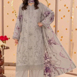 Front view of Silver Mist Karandi 3pc embroidered suit by AL Hassan Lehnga House