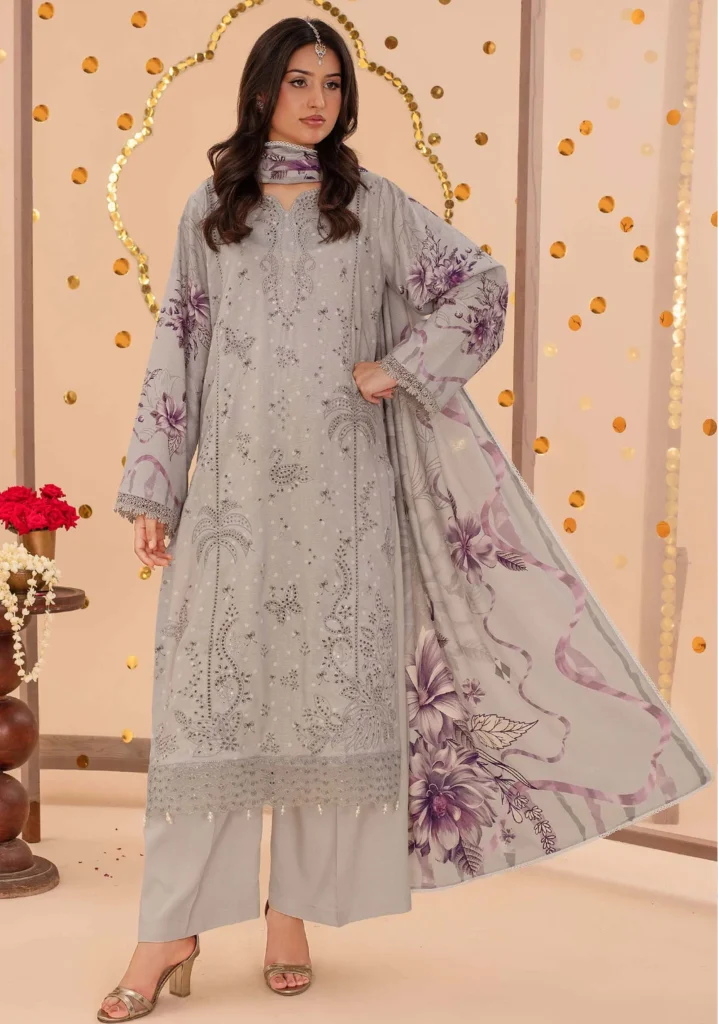 Silver Mist Karandi 3pc Embroidered Suit | ZARA MEER