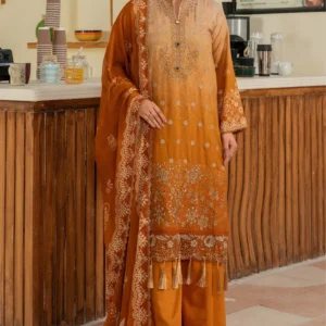 Woman wearing ochre embroidered viscose shirt and straight trousers by AL Hassan Lehnga House