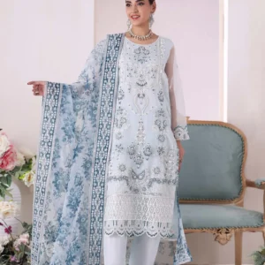 Woman wearing a sky blue floral organza 3-piece formal suit from AL Hassan Lehnga House