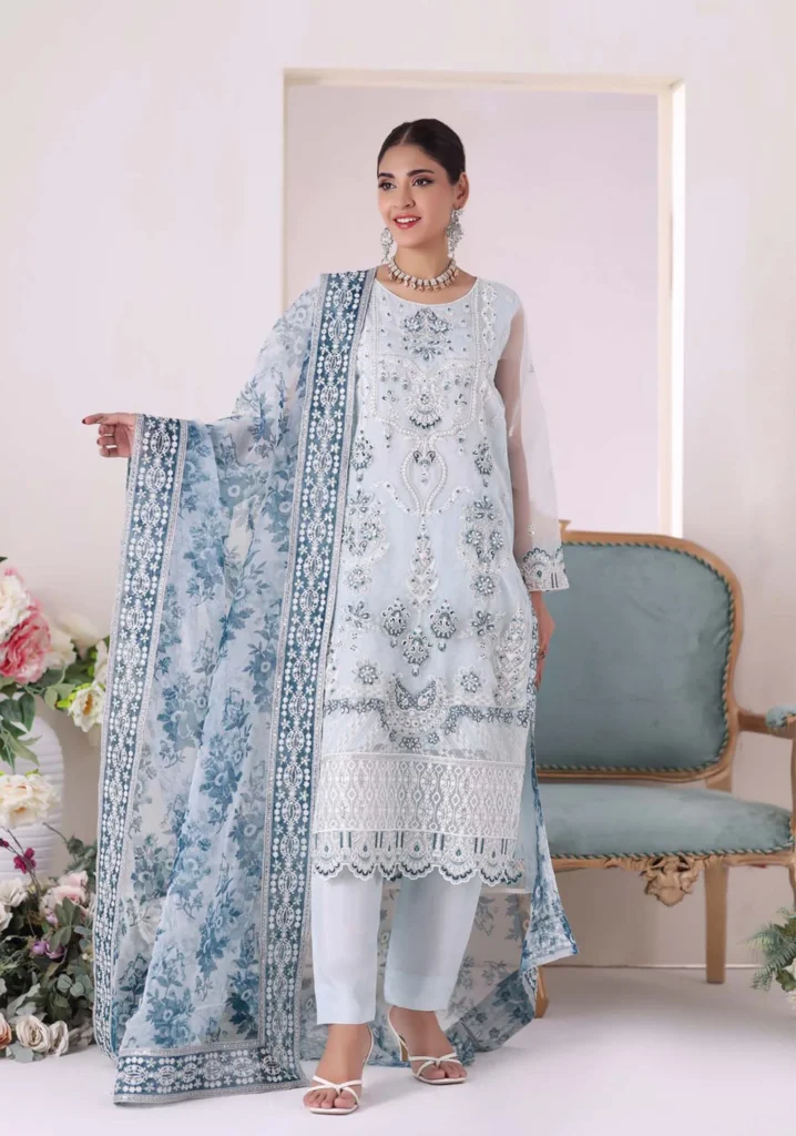 Sky Blue Floral Organza 3pc Formal Suit | Motis Fashion