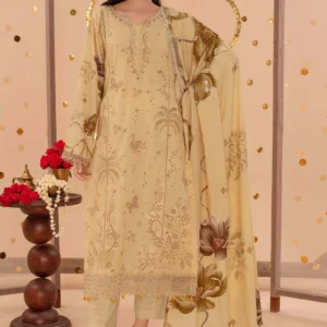 Woman wearing Sunehri digital printed Karandi suit by AL Hassan Lehnga House