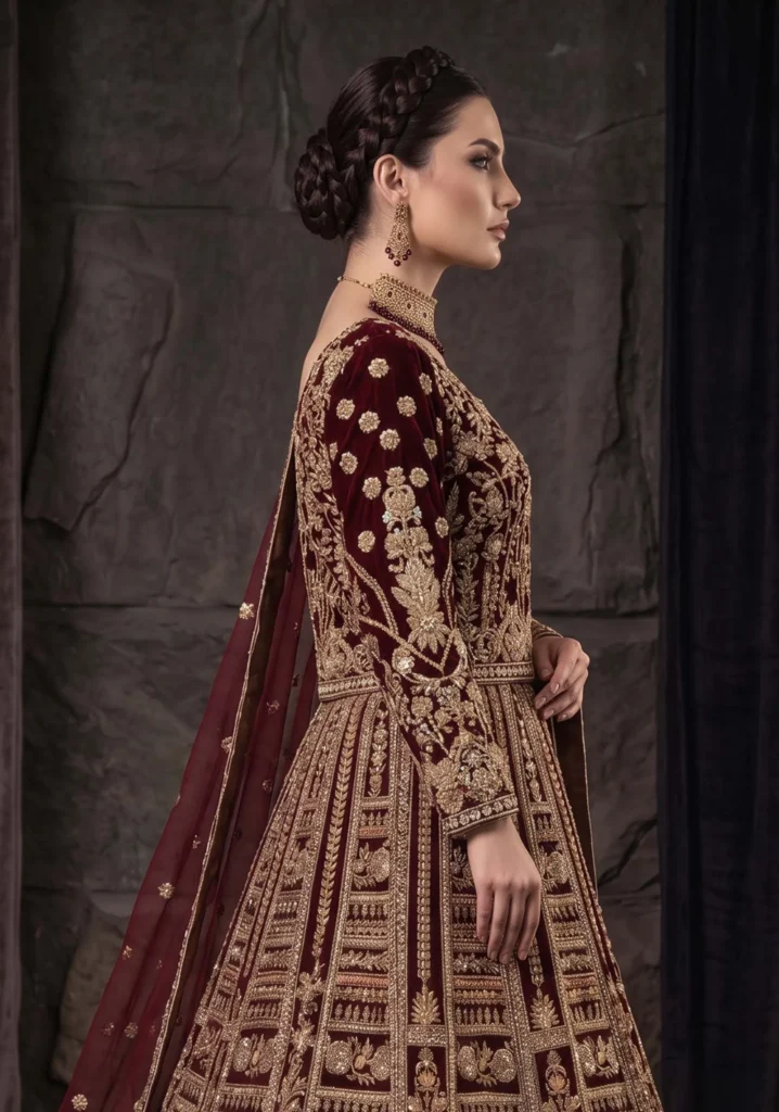 Noor-e-Maroon Velvet & Silk Set | AL Hassan Lehnga House
