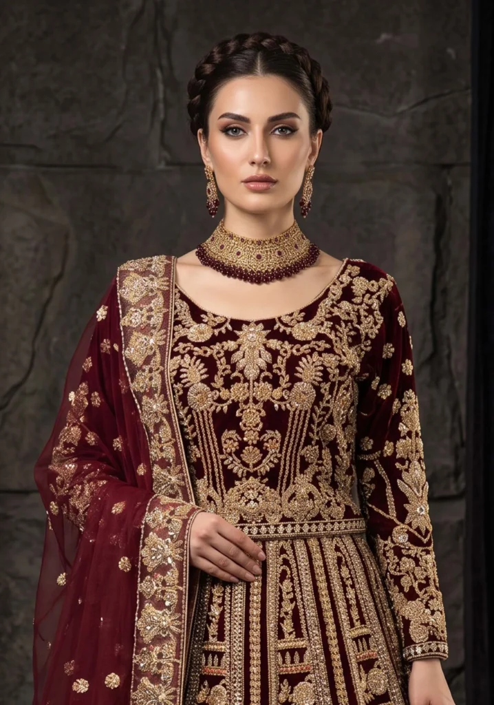 Noor-e-Maroon Velvet & Silk Set | AL Hassan Lehnga House