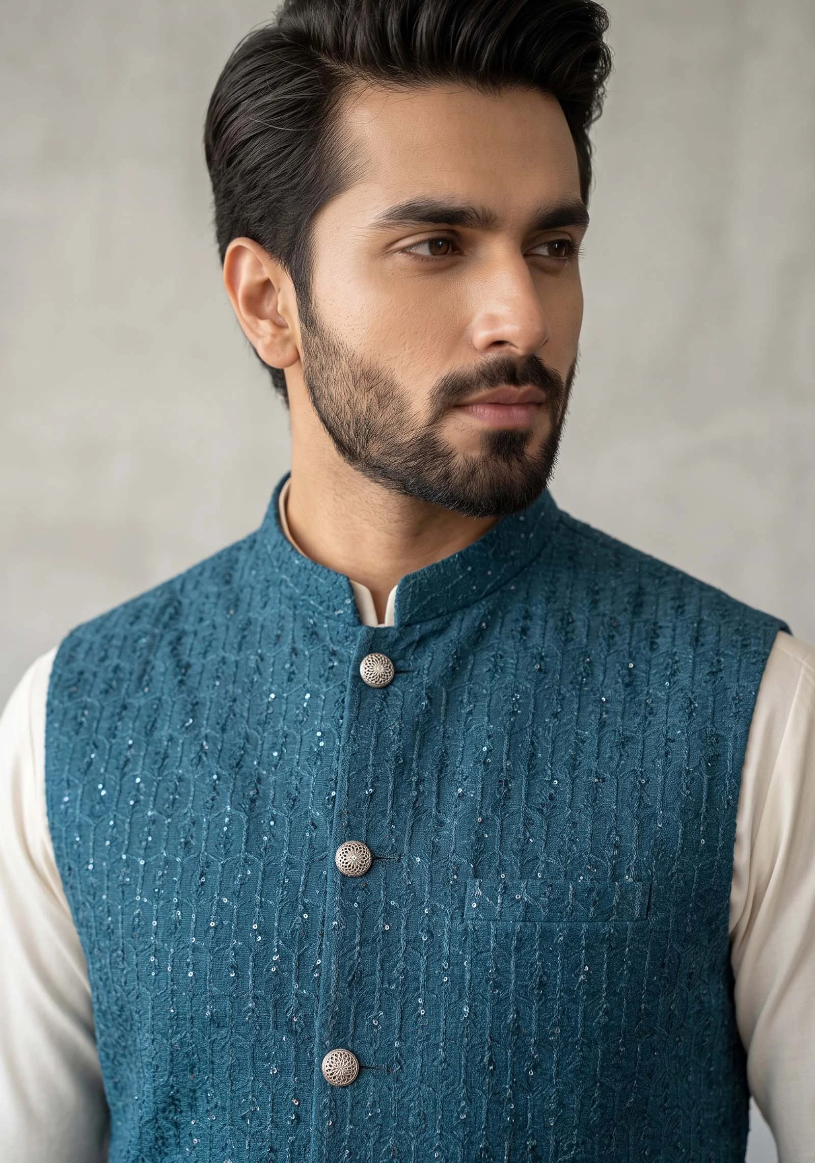 Close-up of machine embroidery and metallic buttons on teal waistcoat AL Hassan Lehnga House